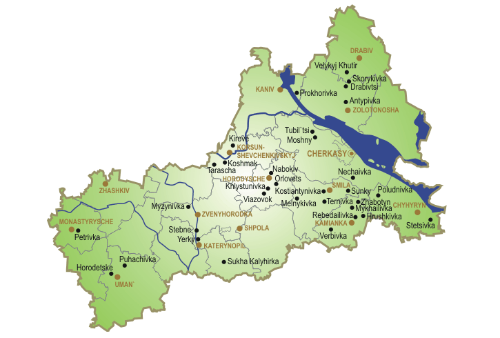 A scheme of wooden churches location in Cherkasy region